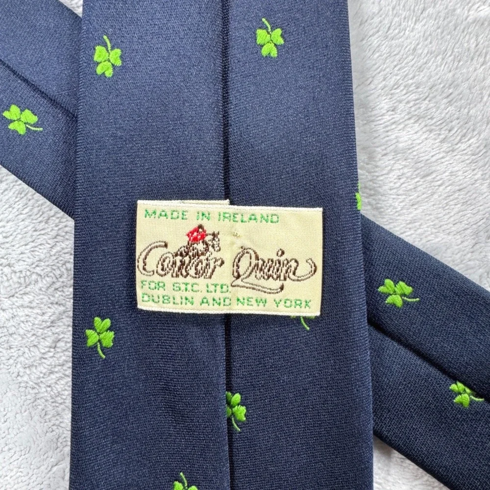 Conor Quin Vintage Shamrock Tie Mens Navy Green Irish Handmade Geometric Ireland